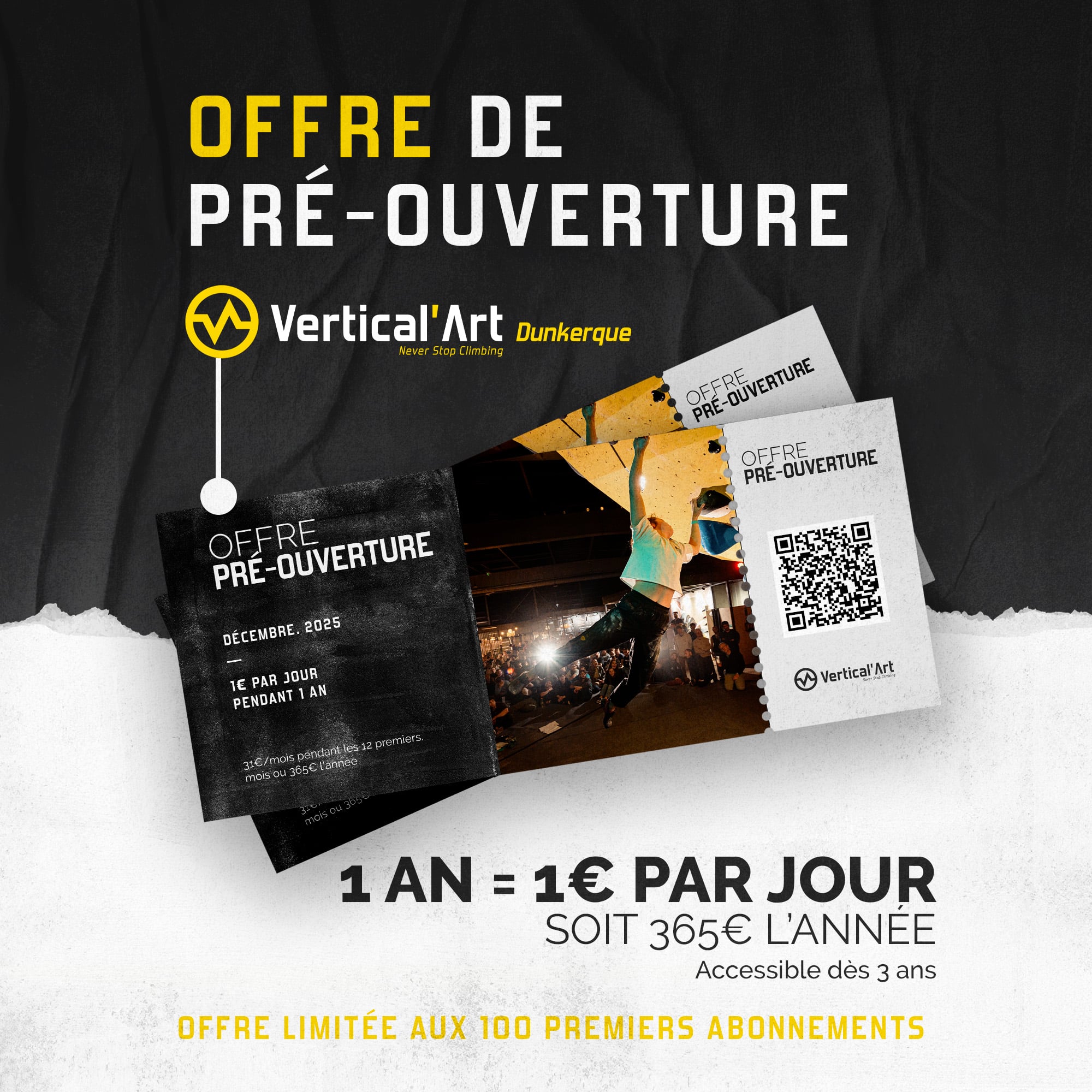 Rejoignez Vertical’Art Dunkerque : grimpez pour 1€ par jour, accédez au réseau multisalles et découvrez une communauté de passionnés. Offre limitée.