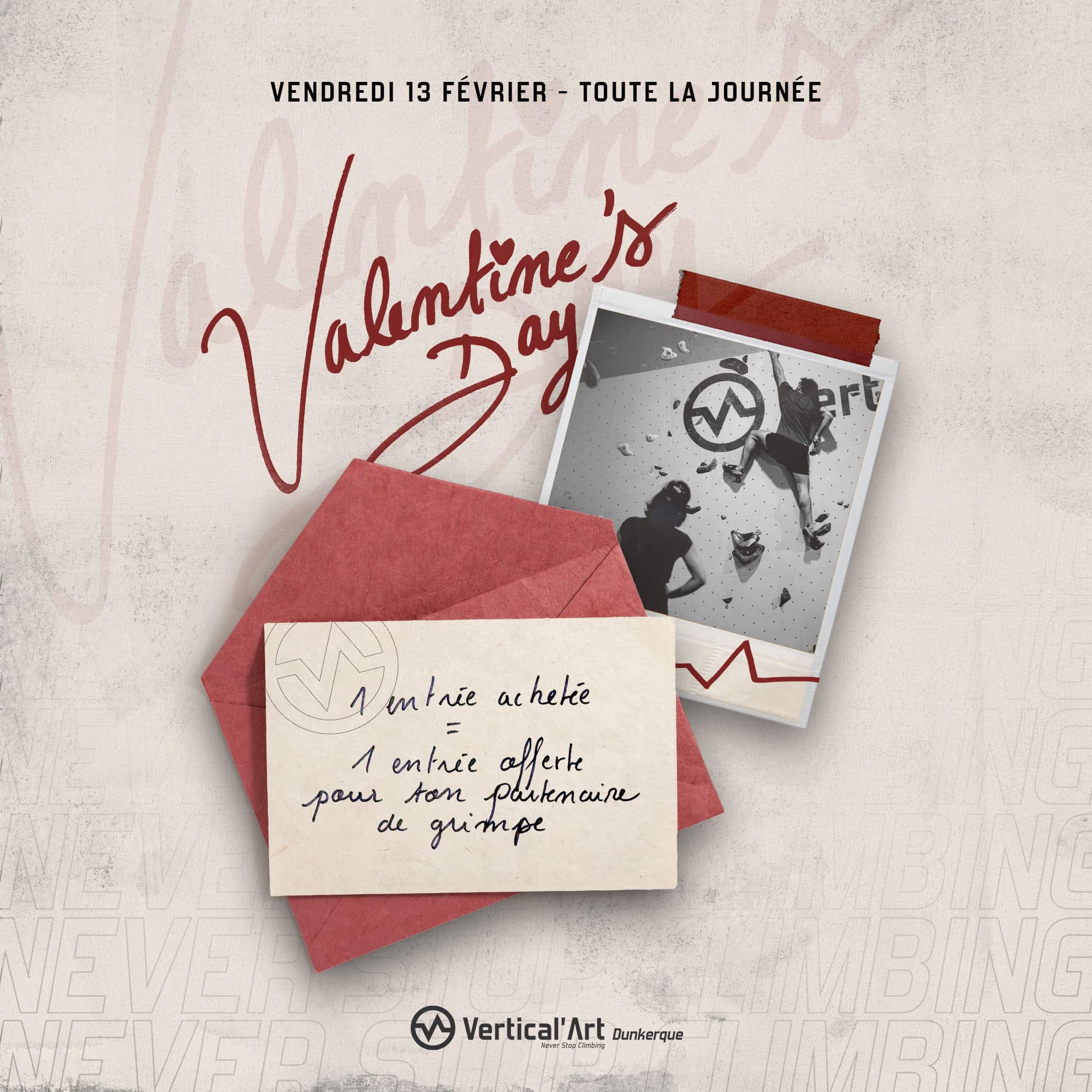 Image promotionnelle de Vertical’Art Dunkerque pour la Saint‑Valentin, annonçant une journée duo avec une entrée achetée et une entrée offerte, ainsi qu’un bloc spécial à réaliser à deux.