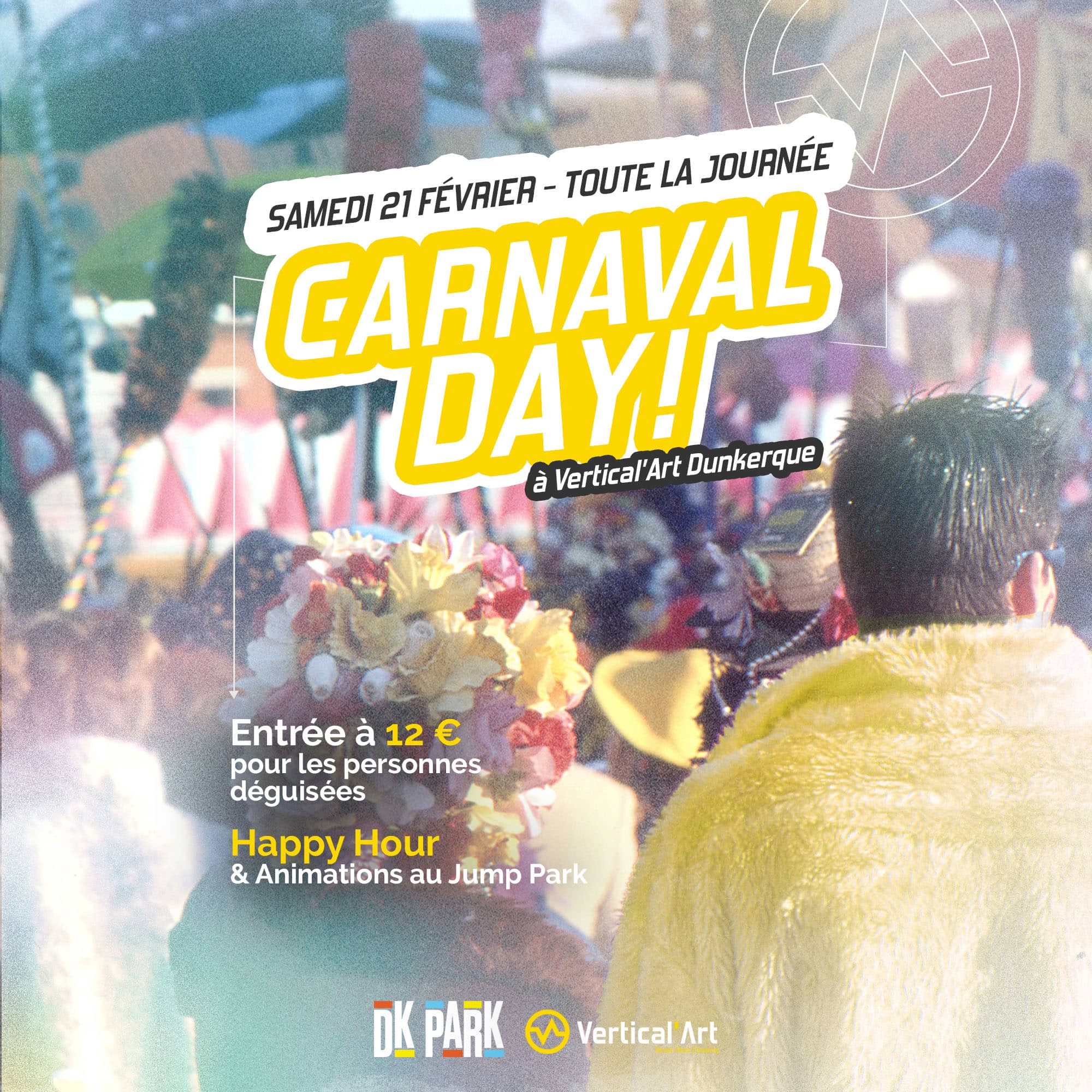 Le Carnaval débarque chez Vertical’Art Dunkerque : entrée déguisée à 12 €, bloc inédit, musique Carnaval, Happy Hour et animations Jump Park. Viens vivre l’ambiance VA x DK‑Park !